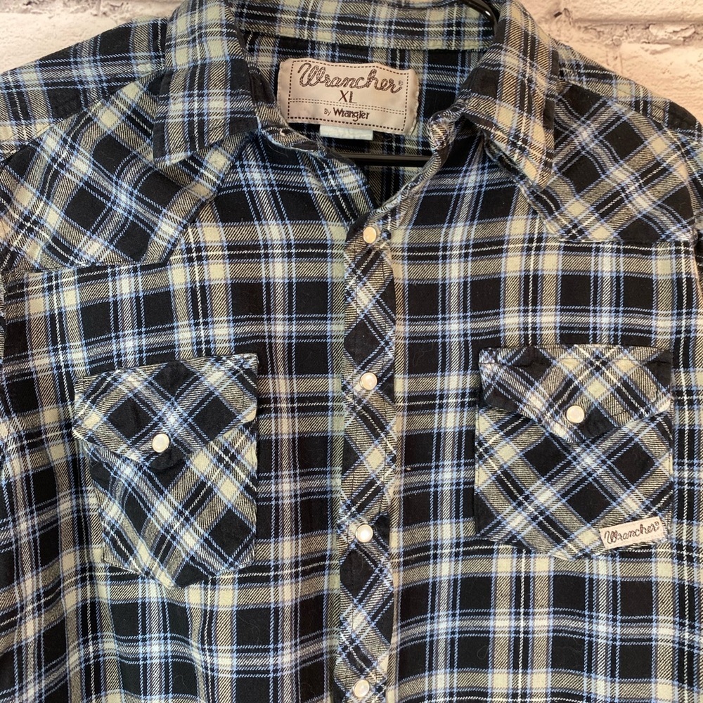 Wrangler Wrancher Vintage Blue Plaid Flannel Shirt w/ Pearl Snap Buttons size XL - Picture 8 of 10